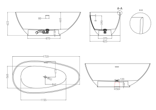 Ванна из искусственного камня Salini Paola S-Stone 101512SMRH 172x82см RAL снаружи